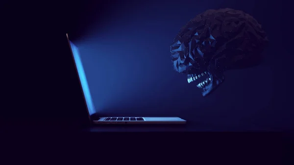 Laptop Techno Demon Mind Control Manipulation Information Warfare Malicious Actor Espionage Cybersecurity Social Media Psychology 3d illustration render