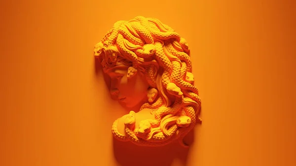 Orange Medusa Mythological Female Gorgon Mounted Bust Orange Background Illustration — 스톡 사진