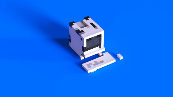 Ordenador Azul Hecho Bloques Cuadrados Voxels Cubo Cajas Tecnología Equipo — Foto de Stock