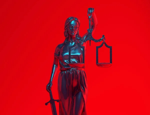 Wet Silver Lady Justice Standbeeld Vintage Vrouw Beeldhouwkunst Rood Blauw — Stockfoto