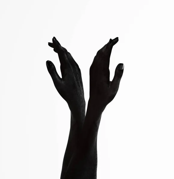 Handen Zwarte Inkt Silhouet Vingers Vrouw Huid Gebaar Licht Achtergrond — Stockfoto