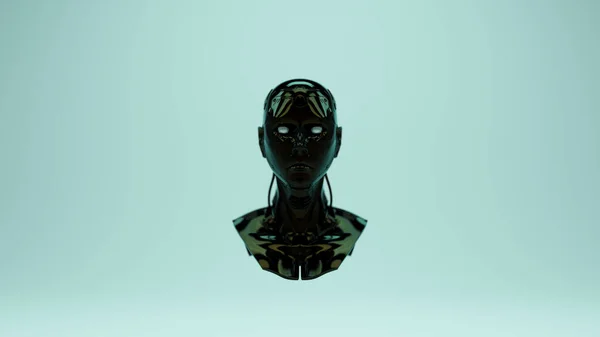 Shiny Black Cyborg Artificial Intelligence Cyberpunk Bust Sci Robot Reflection — Stock Photo, Image