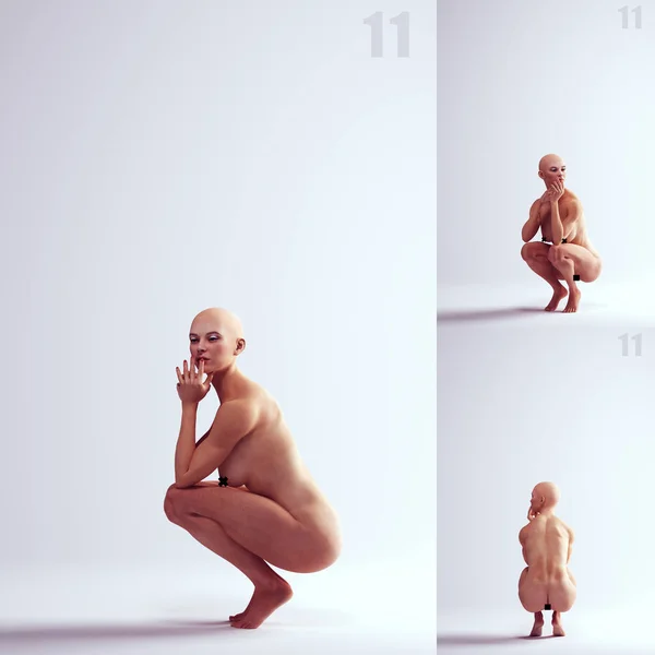 Woman Body Fashion Pose Kneeling Crouching Balls Her Feet Artist — Stock Photo, Image