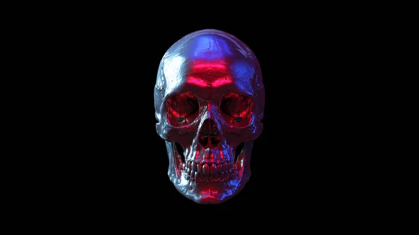 Crânio Humano Prata Reflexão Azul Rosa Branco Luz Sci Halloween — Fotografia de Stock