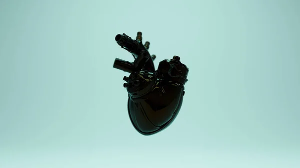 シャイニーブラック人工心臓未来型サイバーバイオニック解剖学的ロボット3Dイラストレンダリング — ストック写真
