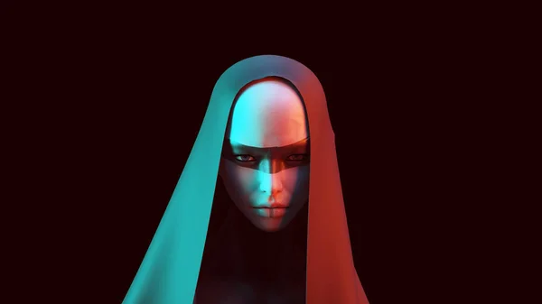 Футуристична Жінка Інопланетянка Чорною Стрічкою Обличчя Фарба Sci Характер Капоті — стокове фото