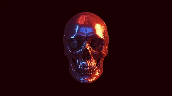 Cranio Umano Argento Riflessione Blu Rosso Arancio Luce Sci Halloween — Foto Stock