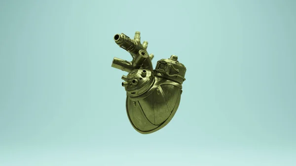 Gold Bronze Old Brass Artificial Heart Futuristic Cyber Bionic Anatomy Anatomical Robotic 3d illustration render