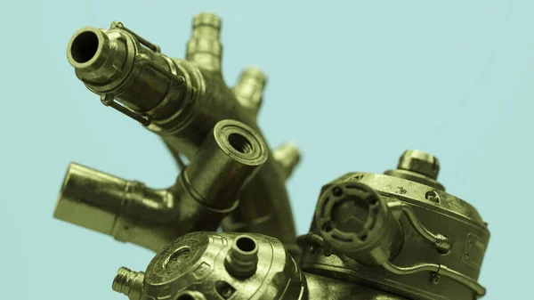 Válvulas Tuberías Metal Máquina Steampunk Vieja Bronce Oro Profundidad Latón — Foto de Stock