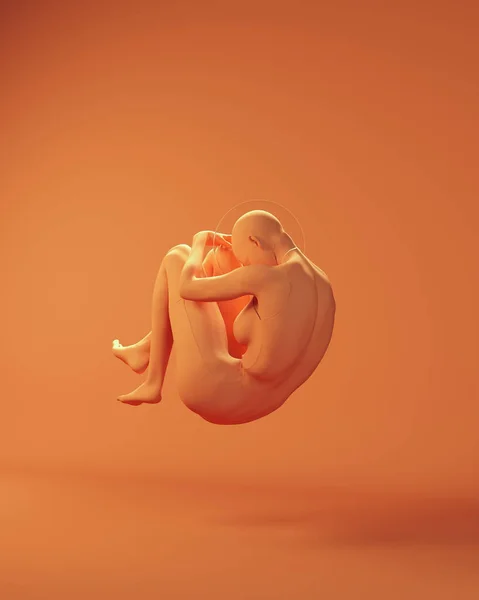 Mujer Naranja Flotante Fetal Posición Fetal Estudio Disparo Espacio Mujer —  Fotos de Stock