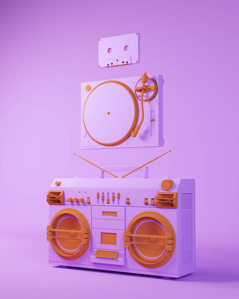 Music Purple Orange Boombox Turntable Cassette Tape Retro Technology 3d illustration render