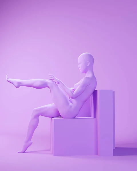 Фиолетовая Розовая Лавандовая Женщина Сидящая Позиция Наклон Задней Ноги Поднятая — стоковое фото