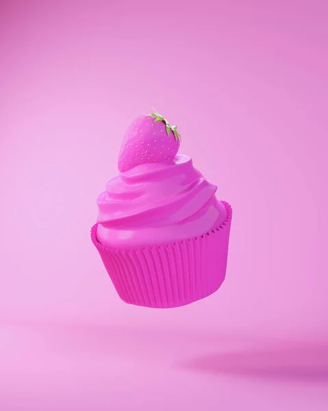 Cupcake Pembe Çilekli Kek Kreması Kutlama Yemeği Tatlı Doğum Günü — Stok fotoğraf