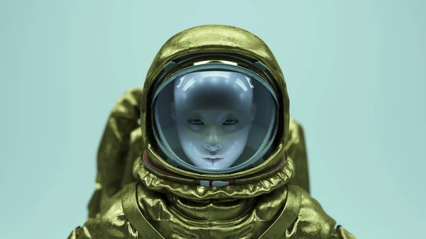 Donna Astronauta Oro Spacesuit Casco Futuristico Moda Ritratto Avatar Illustrazione — Foto Stock