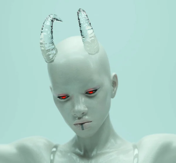 Mulher Rosto Horned Demônio Diabo Avatar Moda Beleza Perfil Retrato — Fotografia de Stock