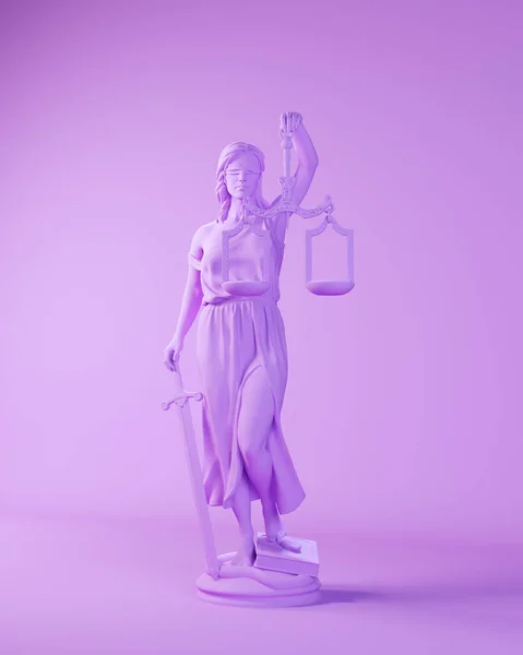 紫色女性司法形象司法制度比例尺蒙眼女性薰衣草3D图解 — 图库照片