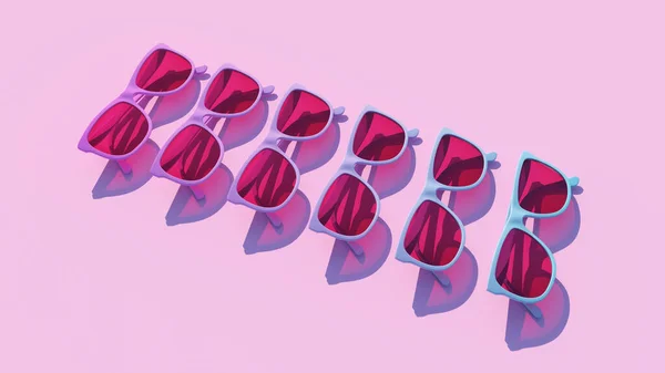 蓝色粉红紫色色彩艳丽的太阳镜夏日快乐与粉色背景3D插图渲染 — 图库照片