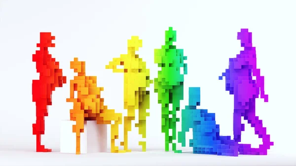 Cube Pregnant Women Mothers Pose Rainbow Pride Equality lesbian Sex Gender LGB LGBTQ Strong Group Pixel Voxels Block with White Background 3d illustration render