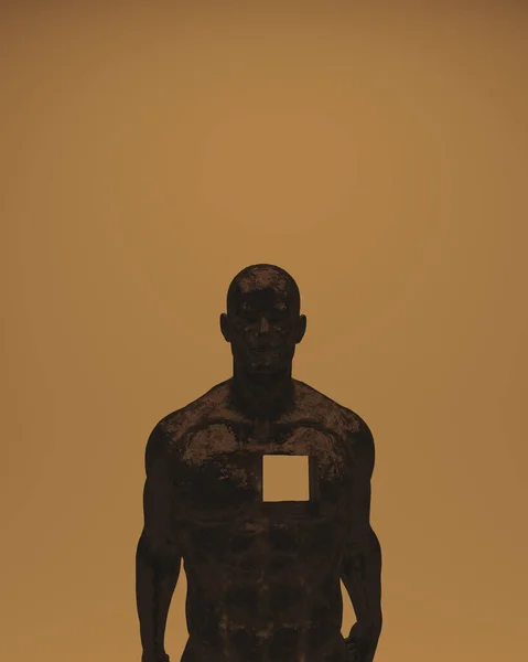 Man Mental Health Depression Black Dusty Iron Figure Abstract Missing Alone PTSD Square Hole Sandy Tan Studio Lighting 3d illustration render