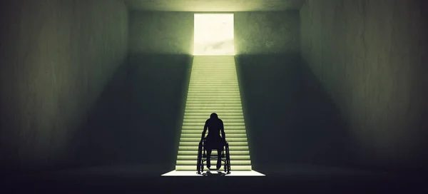 Mulher Uma Cadeira Rodas Silhueta Mobilidade Acessibilidade Escadas Passos Deficiência — Fotografia de Stock
