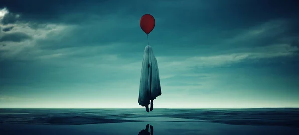 Creepy Ghost Child Floating Red Balloon Wet Beach Body Snatcher — Φωτογραφία Αρχείου