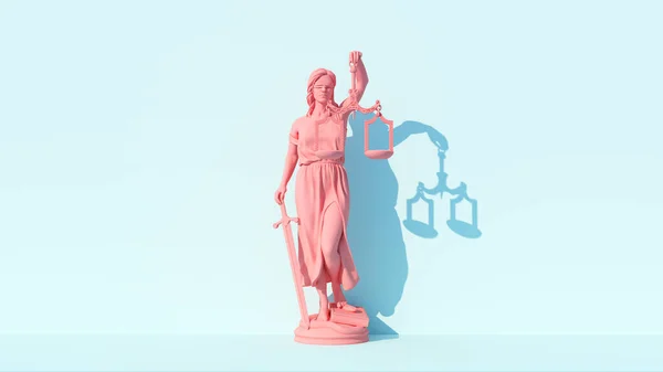 粉红女性司法形象司法制度的人格化传统保护与平衡道德力量的善恶与法律色彩蓝色背景3D图解 — 图库照片