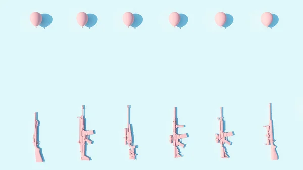 ピンクの銃とバルーン 罪のない犠牲者コンセプトパステルブルーの背景銃コントロール危険性暴力安全十字火デザイン3Dイラストレンダリング — ストック写真