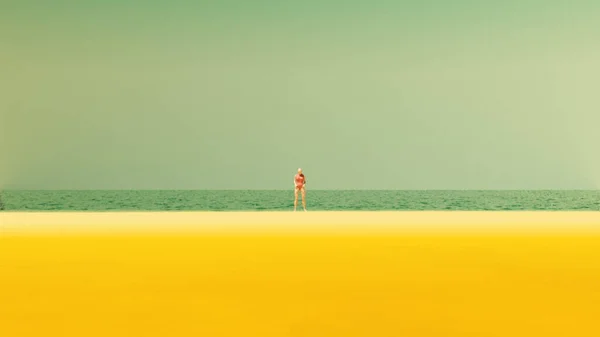 Verano Océano Playa Mar Arena Con Mujer Rosa Traje Baño — Foto de Stock