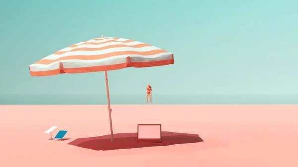 パステルピンクの砂ターコイズブルーの海の空とパラソル日陰の女性とサニービーチピンク水着太陽光発電ラップトップ衛星インターネット自己十分なセレン静かな3Dイラストレンダリング — ストック写真