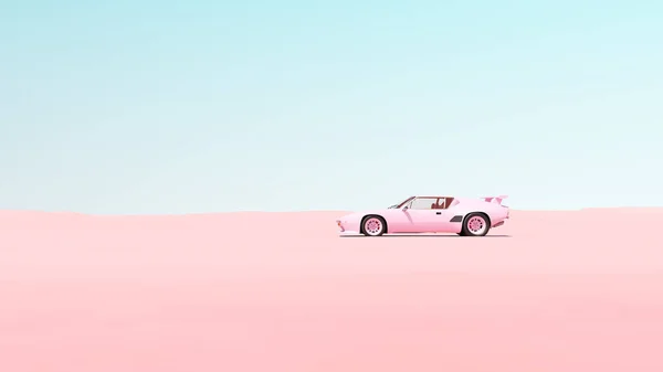 Pink Vintage Sports Car Desert Sand Blue Sky Sunny Road Trip Rest Break Isolated Driving Pastel Serene Tranquillity 3d illustration render