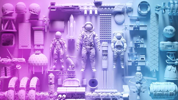 ピンクブルートランスジェンダープライド活気あるLgbtq宇宙探査技術工学業界の壁のコラージュ背景3Dイラストレンダリング — ストック写真