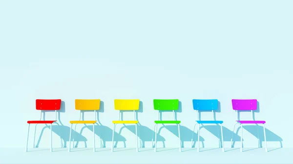 Rainbow Pride LGBTQ Inclusive School Chairs Lined Up in a Row with Pale Pastel Blue Background 3d illustration render