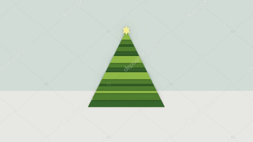 Abstract Christmas Tree with The Star of Bethlehem Symbol Made out of Green Triangles with Pastel Blue Grey Sky and Winter Snow Festive Symbol 3d illustration render