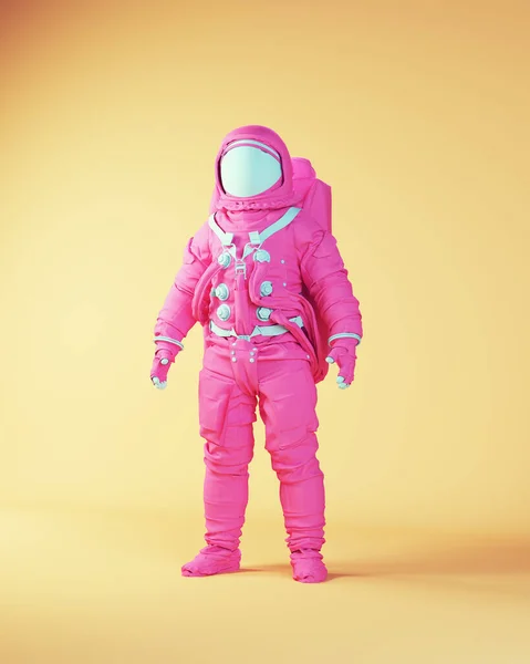 Pink Blue Astronaut Vintage Clothing Cool Studio Fun Space Woman Space Man with Yellow Beige Background 3d illustration render