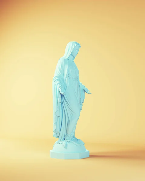 聖母マリアと彼女の腕アウトブルー像宗教美術女性と黄色ベージュの背景クオータービュー3Dイラストレンダリング — ストック写真