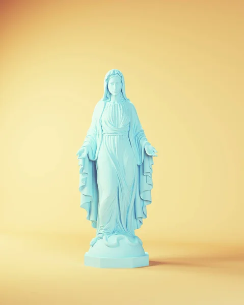 聖母マリアと彼女の腕アウトブルー像宗教芸術女性とともに黄色ベージュ背景フロントビュー3Dイラストレンダリング — ストック写真