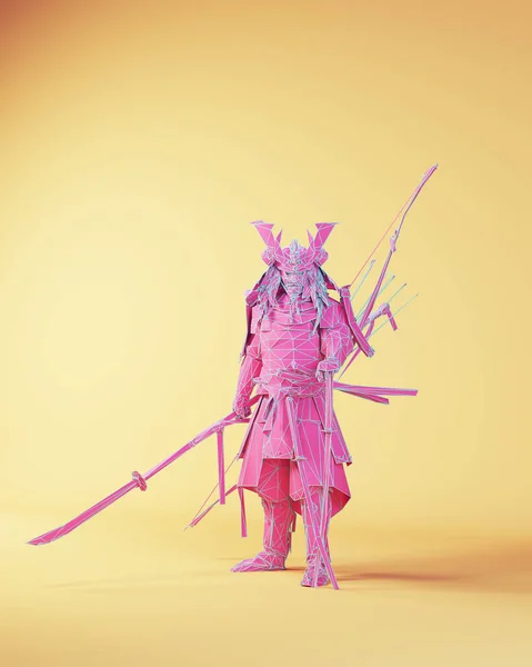 Pink Blue Japanese Samurai Warrior Polygon Cyber Punk Figure Front View 3d illustration render