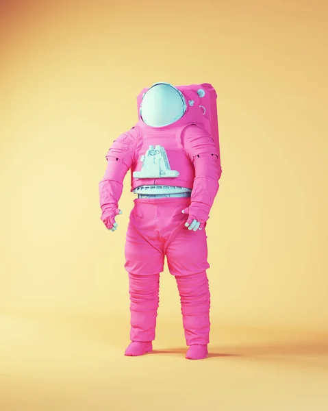 Pink Blue Astronaut Vintage Spacewalk Clothing Cool Studio Fun Space Woman Space Man with Yellow Beige Background 3d illustration render