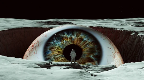 Giant Eyeball Looking Moon Astronaut Spaceman Spacewoman Moonscape Crater Interstellar — Stock Photo, Image