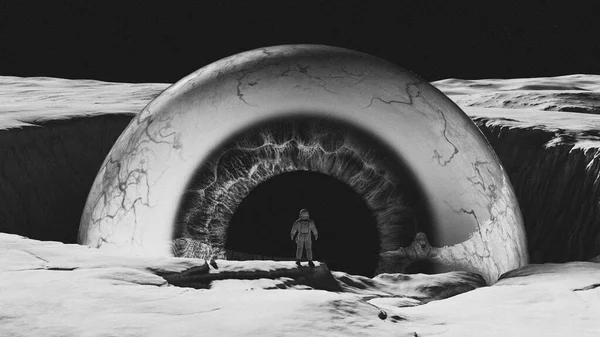 Black White Moonscape Giant Eyeball Astronaut Spaceman Spacewoman Interstellar Sci — Stock Photo, Image