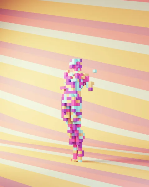 Woman Strong 1980s Abstract Fashion Model Leaning Back Pose Pink Blue Purple Pixel Art Cube Block Voxels Striped Background 3d illustration render