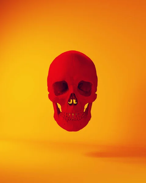 红色骷髅万圣节恐怖死亡头人体解剖骷髅橙色背景3D插图渲染 — 图库照片