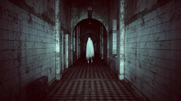 在庇护所中飘荡的鬼魂万圣节黑色电影谷物类似物美学哥特式建筑与幽灵猎人相机闪光灯3D插图渲染 — 图库照片