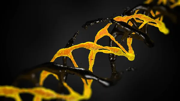 Geleceğin çifte DNA 'sı, iki renk, karanlık arka planda mikroskop altında parçalanmış kabuklu Dinamik sahne. Moleküler biyoloji ve biyoteknoloji kavramı, DNA genomları. 3B görüntüleme