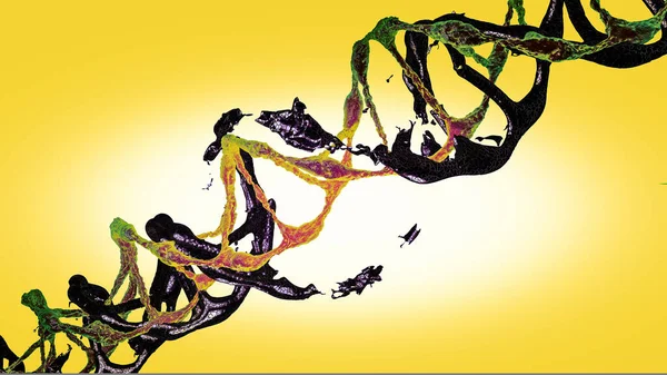 Geleceğin DNA 'sı, iki renk, mikroskop altında parlayan sarı bir arka planda parçalanmış kabukları olan dinamik bir sahne. Moleküler biyoloji ve biyoteknoloji konsepti, DNA genomları. 3B görüntüleme