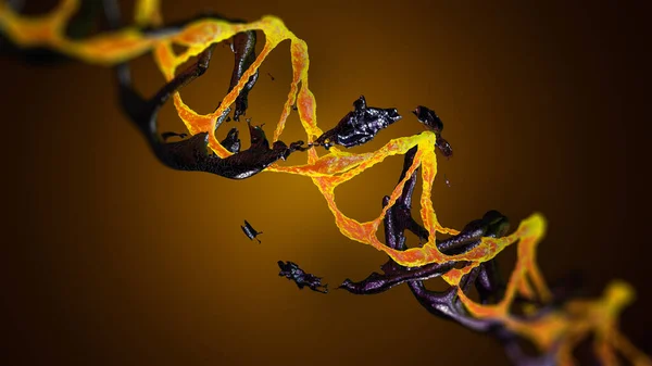 Gelecekteki çift DNA ipliği, iki renk, mikroskop altında karanlık bir arkaplan karşısında ufalanan kabukları olan dinamik bir sahne. Moleküler biyoloji ve biyoteknoloji konsepti, DNA genomları. 3B görüntüleme