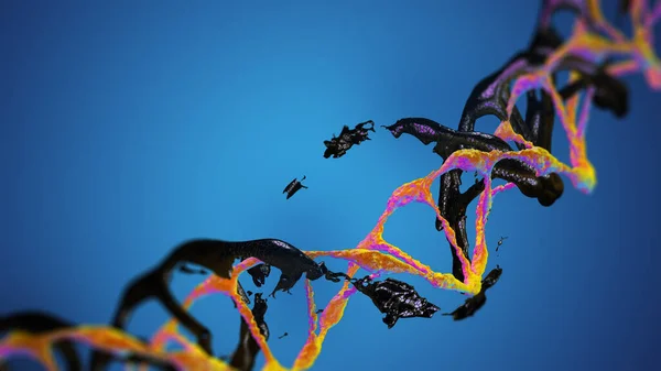Geleceğin DNA 'sı, iki renk, mikroskop altında parlayan mavi bir arka planda parçalanmış kabukları olan dinamik bir sahne. Moleküler biyoloji ve biyoteknoloji konsepti, DNA genomları. 3B görüntüleme