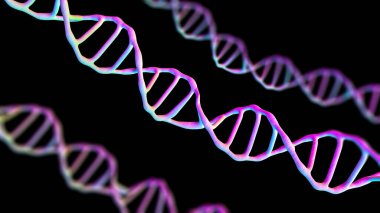 Bu sahneyi mikroskop altında görüntülenen Dna molekülleri bir koyu arka plan. Kavram moleküler biyoloji ve biyoteknoloji, Deoksiribonükleik asit genleri. 3D render.