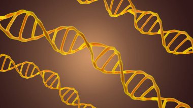 Bu sahnede, DNA molekülleri mikroskop altında kahverengi bir arka planda incelenir. Moleküler biyoloji ve biyoteknoloji kavramı, deoksiribonükleik asit genomları. 3B görüntüleme.