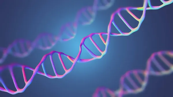 Bu sahne, DNA moleküllerini mikroskop altında mavi arka planda inceler. Moleküler biyoloji ve biyoteknoloji kavramı, deoksiribonükleik asit genomları. 3B görüntüleme.